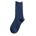 Women navy blue rolled cuff mid tube cotton socks casual solid color hosiery fashion - Navy Blue