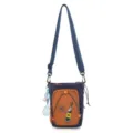Vista detallada del bolso cruzado de moda para exteriores con estampado de refresco y llavero. - Azul Y Naranja