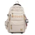 Large capacity student school backpack with grid pattern, stylish college style shoulder bag. - Off White
