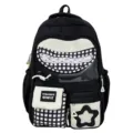 Detailed view of Japanese style black and white plaid school backpack with transparent window. - Shoulder Bag / Black