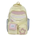 Detailed view of sweet Japanese style candy color school backpack with cute plaid and pocket. - Shoulder Bag / Yellow