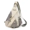 Detailed view of the triangular sling backpack in beige and grey with star patterns and cute pendant. - Off White