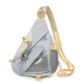 Detail view of the Japanese style color block ita bag with star pattern and mesh pocket. - Blue