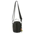 Black grid mini crossbody bag detail view, casual outdoor shoulder bag with tennis keychain. - Single Bag / Black