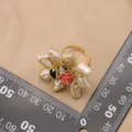 Anello Regolabile Fiore Perla Barocca 925 Argento Rosa Rosa Stile Etnico Gioiello Statement - Set Spilla Ottagonale (GR0266C) / Aperto regolabile / Oro