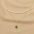 Doppelreihige Halskette mit Naturperle und grünem Herz Zirkonia Anhänger elegante Damen Schmuck - Herz Grüner Zirkonia Perlenkette