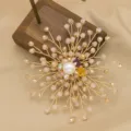 Handmade pearl flower brooch with champagne pink beads and gold wire design for women. - Champagne Pink Multi-color Pearl Brooch