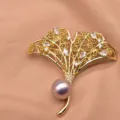 Elegant vintage gold ginkgo leaf pearl brooch for women, exquisite crystal accessory. - Purple Edison Pearl Ginkgo Brooches