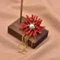 Exquisite pearl red coral flower tassel brooch, elegant high-end fashion jewelry pin for women. - Coral Tassel Flower Brooch