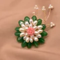 Handmade pearl flower brooch with green jade beads and pink rose, elegant floral design main view. - Green Jade Stone Flower Brooch