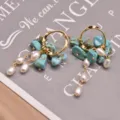 Boho turquoise and pearl drop earrings, fashion gold-toned cluster design for women. - Turquoise Drop Dangle Earrings