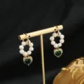 Orecchini a cerchio con perle e ciondolo a cuore verde gioiello elegante e alla moda nuovo - Cerchio Cuore Verde