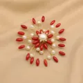 Elegant pearl and red coral brooch, exquisite round sunburst flower design for women fashion. - Radial Wrapped Wire Brooch