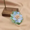 Elegant floral pearl brooch with blue translucent petals and delicate pink pearl center for women. - Triple Layer Green Petal Pearl Brooch