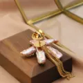 Baroque pearl flower brooch with gold chains, elegant statement pin for women fashion. - Five Baroque Pearls Tassel Brooch