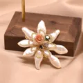 Baroque pearl flower brooch with gold chain and coral rose, elegant women's fashion jewelry variant. - Octagonal Brooch