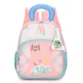 Leuke roze en groene kinderrugzak met U-handvat en camping print detailweergave. - Roze