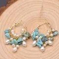Türkis Perle Creolen Retro Stil Gold Metall Hängeohrringe modischer Schmuck für Frauen - Türkisimitat Creolen Set