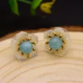 Blauer Naturstein Blumen Ohrstecker, elegante Vintage 925 Silber Schmuck fuer Damen. - Grüner Aventurin