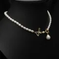 Elegante Süßwasserperlen Halskette mit Schmetterlingsanhänger und Perlenanhänger für Damen. - Großer Perlenanhänger Kette