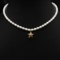 Süsswasser Perlen Halskette mit goldenem Stern Anhänger elegante Damen Kette neu. - Hohlstern Halskette