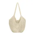 Beige Strick-Hohltasche, detaillierte Häkelstruktur, stilvolle Freizeit-Strand-Umhängetasche. - Reißverschluss-Stil / Weiß