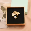 Elegant gold-colored ginkgo leaf brooch with pearl, vintage jewelry gift box accessory - Style 3