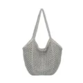 Graue Strick hohle Tote Tasche Detail, Häkel Schultertasche Textur und Innenfutter Design. - Reißverschluss-Stil / Grau
