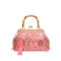 Exquisite Chinese style floral brocade evening bag detail, bamboo handle and gold chain strap. - Pink