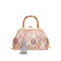 Vintage Chinese style embroidered tassel evening bag with bamboo handle and gold chain strap. - Gray