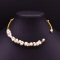Baroque natural pearl open choker necklace, handmade gold wire collar, elegant women jewelry. - White Pearl Choker