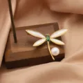 Gold plated dragonfly brooch with pearl and mother of pearl for women literary style pin - Gold Edge Dragonfly Style