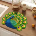 Peacock shaped absorbent kitchen draining mat and heat insulation placemat detail. - 40*40cm (Crystal Velvet) / Peacock Floral——1
