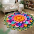 Detailansicht des lebendigen Pfauen-Blumen-Teppichs im gemütlichen modernen Wohnzimmer. - Pfauenblumen——5