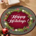 Round festive Christmas floor mat with Happy Holidays greeting and floral wreath - 40x40cm (Crystal Velvet) / Christmas Round Mat 1