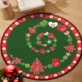 Round green Christmas rug with festive heart and tree patterns on wooden floor - 40x40cm (Crystal Velvet) / Christmas Round Mat 10