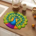 Detailed view of a peacock shaped diatomaceous earth dish drying mat on wooden kitchen counter. - 40*40cm (Crystal Velvet) / Peacock Floral——3
