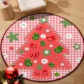 Round red Christmas tree decorative floor mat with bird and heart patterns on wooden floors - 40x40cm (Crystal Velvet) / Christmas Round Mat 11
