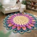 Vue détaillée du tapis rond en peluche de plumes de paon présentant un beau décor de salon. - 40*40cm / Fleurs de paon——4