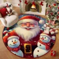 Christmas round floor mat with cute Santa Claus and snowman print, festive holiday rug decor. - Christmas Holiday Decorations - 5