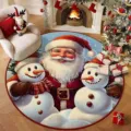 Christmas round rug with Santa Claus and snowman design, soft crystal velvet holiday mat. - Christmas Decorations 7