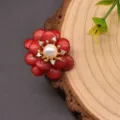 Vintage pearl flower ring with red gemstone and sparkling zirconia for women elegant jewelry. - Coral Floral Set Style
