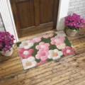 Tappetino d'ingresso floreale chic con fiori rosa e bianchi su sfondo verde, tappeto morbido. - 40x60cm / FYR-4