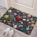Floral leaf cashmere-like doormat, soft carpet detail showing strawberry botanical pattern. - FYR-6