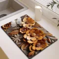 Detail view of the 3D golden flower kitchen drying mat, showcasing absorbent surface for dishes. - Earth Tones