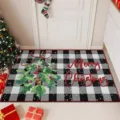 Christmas doormat detail view featuring buffalo plaid pattern, mistletoe and red holiday text. - Christmas-10