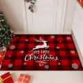 Christmas red buffalo plaid doormat detail with cute leaping deer and snowflakes. - Christmas-12