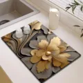 Luxurious black and gold floral kitchen dish drying mat, absorbent diatomaceous earth soft mat. - Lush Golden Shadows