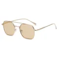 Gouden metalen polygoon zonnebril met dubbele neusbrug en lichtbruine glazen voor mode. - Gouden Frame Licht Thee Lens