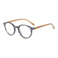 Occhiali tondi anti luce blu tartaruga blu con stanghette effetto legno e dettagli rivetti. - Leopardo Blu Stanghetta Legno C16